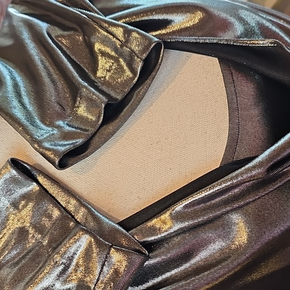 NEW JACKIE JON SILVER METALLIC DRAPED NECK LONG SLEEVE PULLOVER BLOUSE - Picture 10 of 11